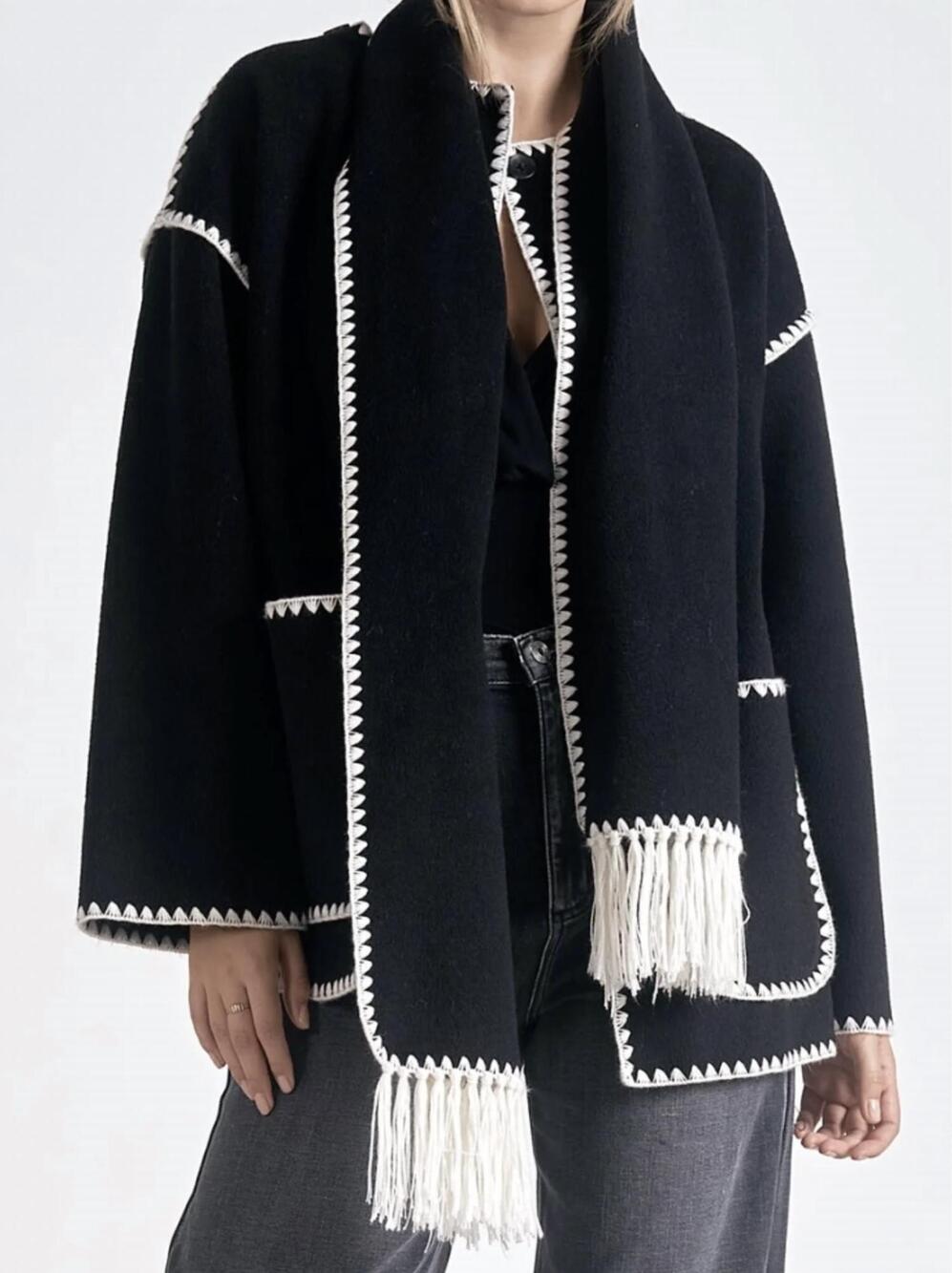 NEW DOLCE CABO women's whip stitch jacket with scarf in black/cream